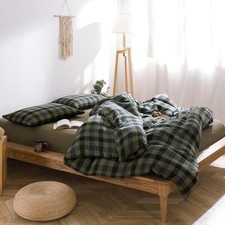 Cotton Muslin Duvet Cover Queen Amy Green Plaid Bedding Set Soft Breathable
