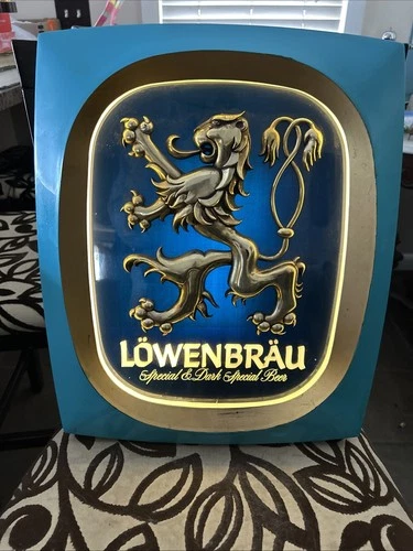 Lowenbrau Lighted Beer Sign 1970s Vintage Gold Lion, Aqua Border, Tested Working