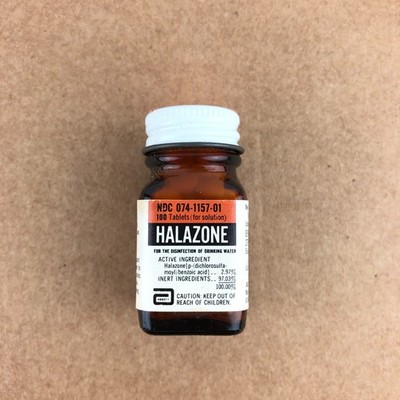 HALAZONE TABLETS Bottle of 100 WATER PURIFYING Tablets 1157 ABBOT LABS