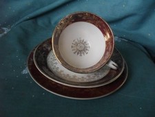J&G Meakin Vintage Tea set TRIO sol Regd Sol 381413  red +gold cup saucer plate 