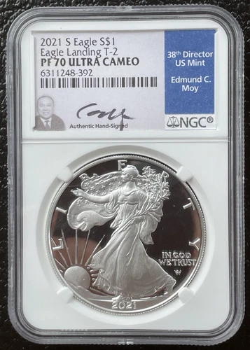 2021-S $1 SILVER AMERICAN EAGLE LANDING T-2 NGC PF70 Signed Edmund C Moy : 06327