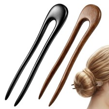 2 Pack Wooden Hair Forks, U Shaped Hair Pins with Two Prongs Hair Clips for B...