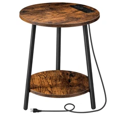Round End Table with Charging Station, 2-Tier Small Circle Side Table, Round ...