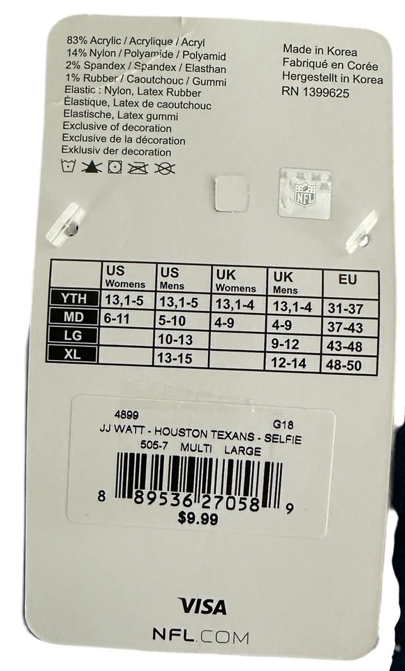 Houston Texans NFL Socks JJ Watt Large US 10-13 UK 9-12 EU 43-48 - Image 4 of 4