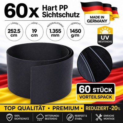 60x Hart PP Sichtschutzstreifen 2,5m Zaun Doppelstabmatte Anthrazit UV Stabil 