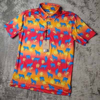 Chubbies The Howler Moon Polo Shirt Mens Small Orange Wolf Palm Performance 2.0
