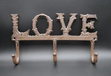 Cast Iron Decorative Wall-Mounted Three-Hook Coat / Hat Rack "LOVE" 10" Wide