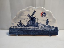 Vintage Delft Blue Scalloped Windmill Sailboat Ceramic Handpainted Napkin Holder