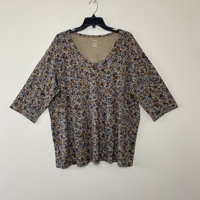 Pure Jill Sz 2X V Neck Top Floral Print 1/2 Sleeves Cotton Modal Tan Blue Multi