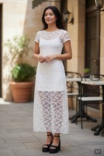 Wild Fable Off White Lace Maxi Dress Scoop Neck Cap Sleeve Floral Size S