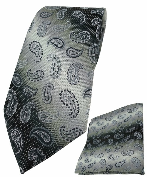 Tigertie Krawatte + Einstecktuch In Grau Grausilber Paisley Gemustert-image