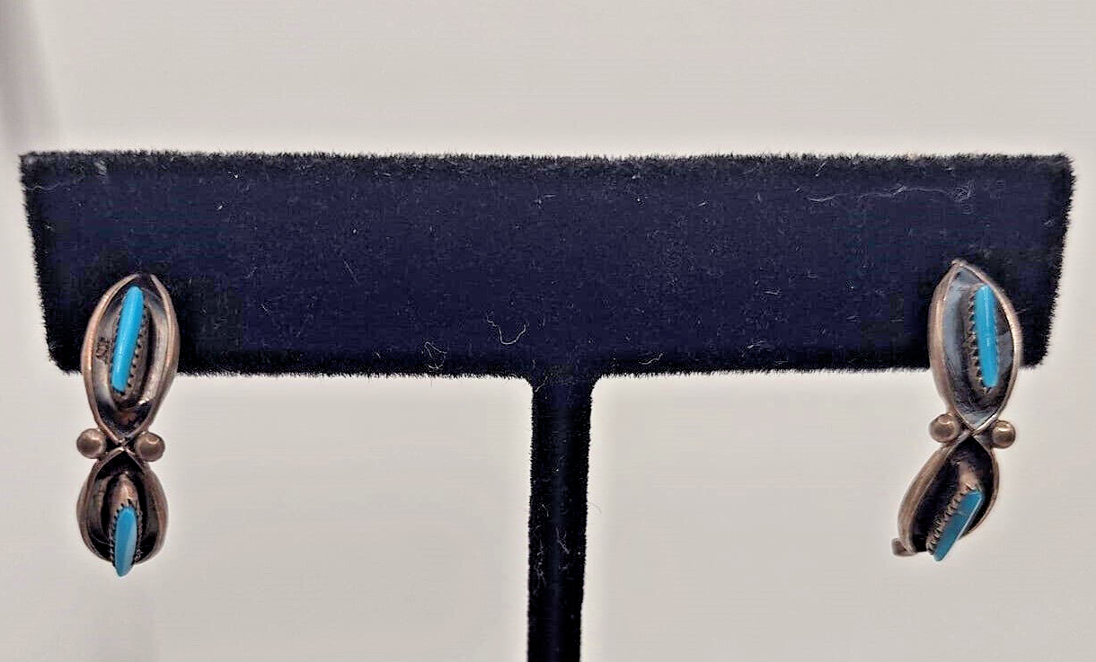 Zuni Sterling Silver Turquoise Needle Point Earrings Native American