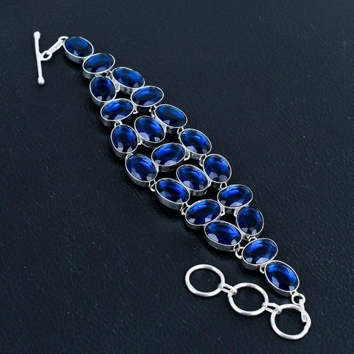 925 Sterling Silver Blue Sapphire Gemstone Handmade Jewelry Bracelet Size-8" - Picture 2 of 10