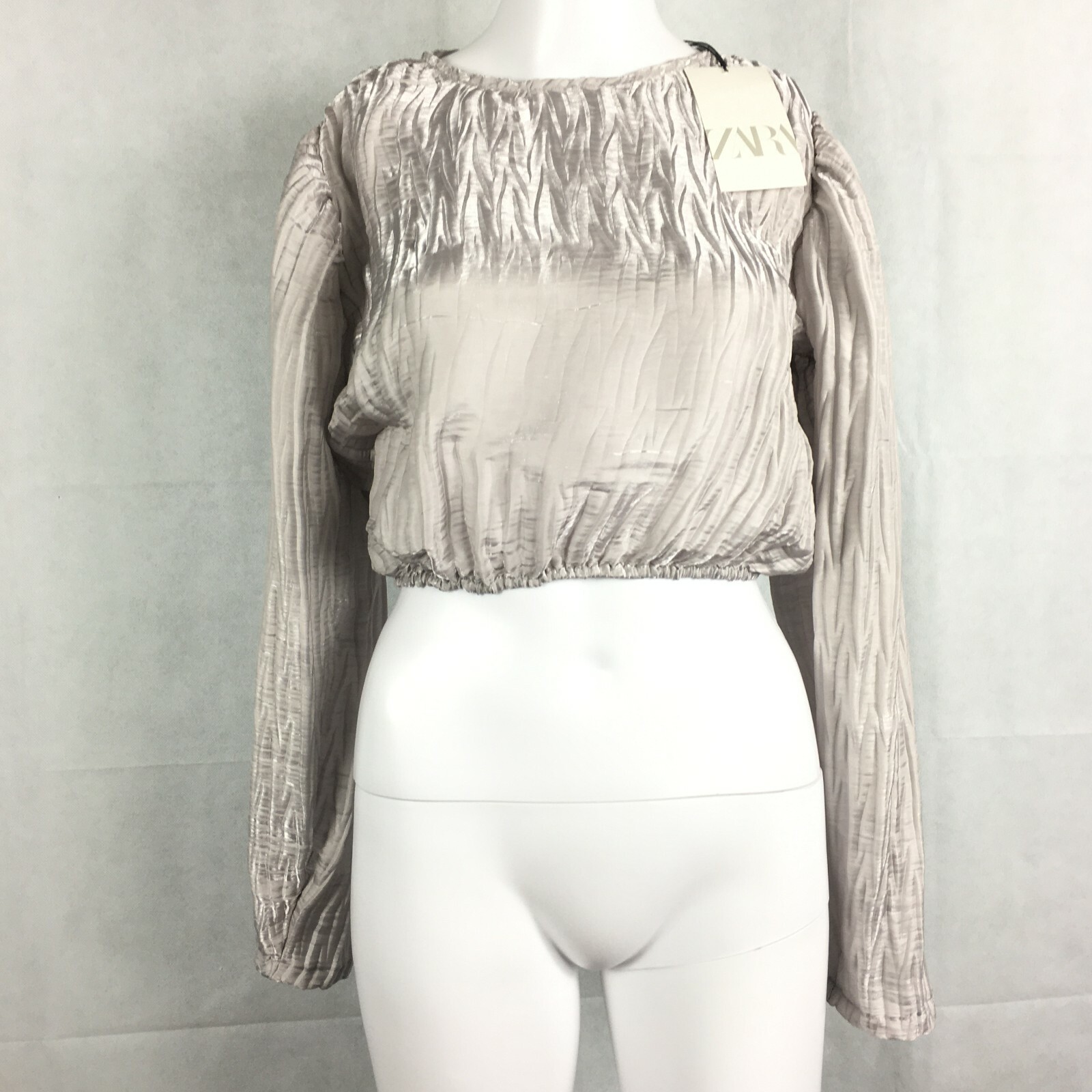 Zara Womens Silver Metallic Crinkle Long Sleeve Crop Top Sz S NWT | eBay