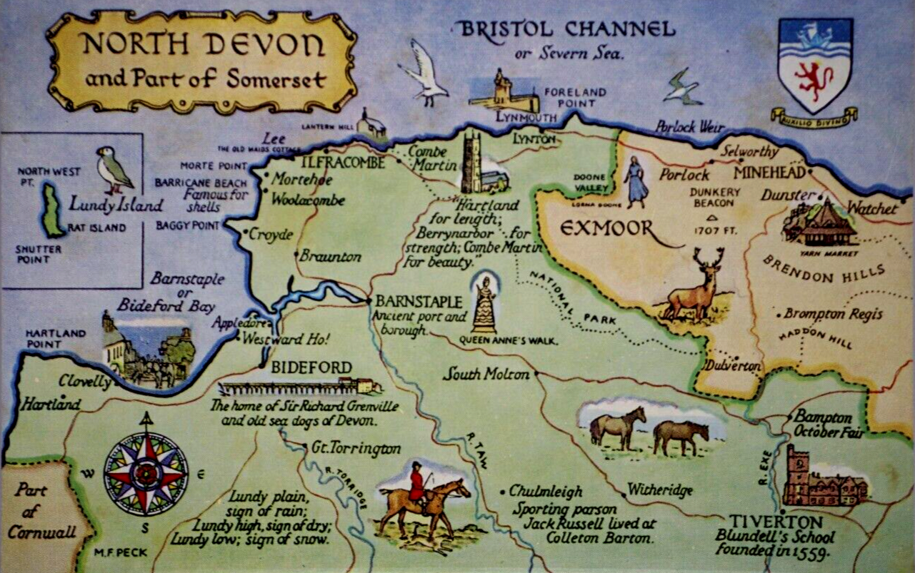 Postcard Comic Map North Devon Somerset England Bristol Channel M F Peck Salmon