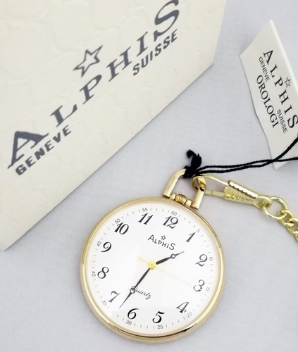 Alphis Orologio da Tasca Svizzero al Quarzo Placcato Oro + Catenella + Incisione - Picture 5 of 6