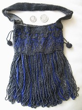 Antique Cobalt Blue Black Long 5 1/2" Fringe Lining Flapper Beaded Purse BELGIUM