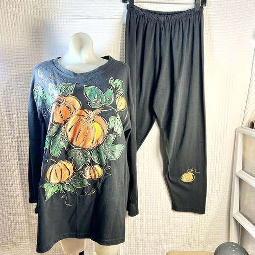 Vtg Nu Dimension One Size T Shirt & Pant Set Pumpkin 3D Painted Halloween READ