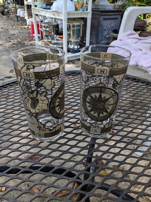 Pair (2) of CARIBBEAN MAP Glasses Tumbler Highball CARIBEAN Nautical Wind Gold