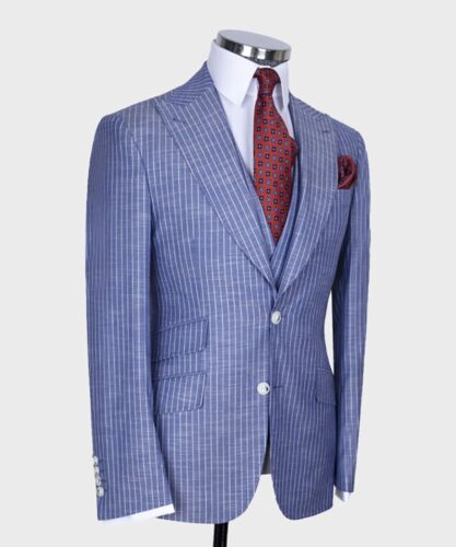 Pin Striped Men Suits Slim Fit Peak Lapel Formal Tuxedos Groom Single Breasted - Picture 3 of 14