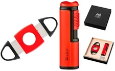 WINJET PREMIUM CIGAR SET / JET FLAME LIGHTER + CIGAR CUTTER / RED w. GIFT BOX