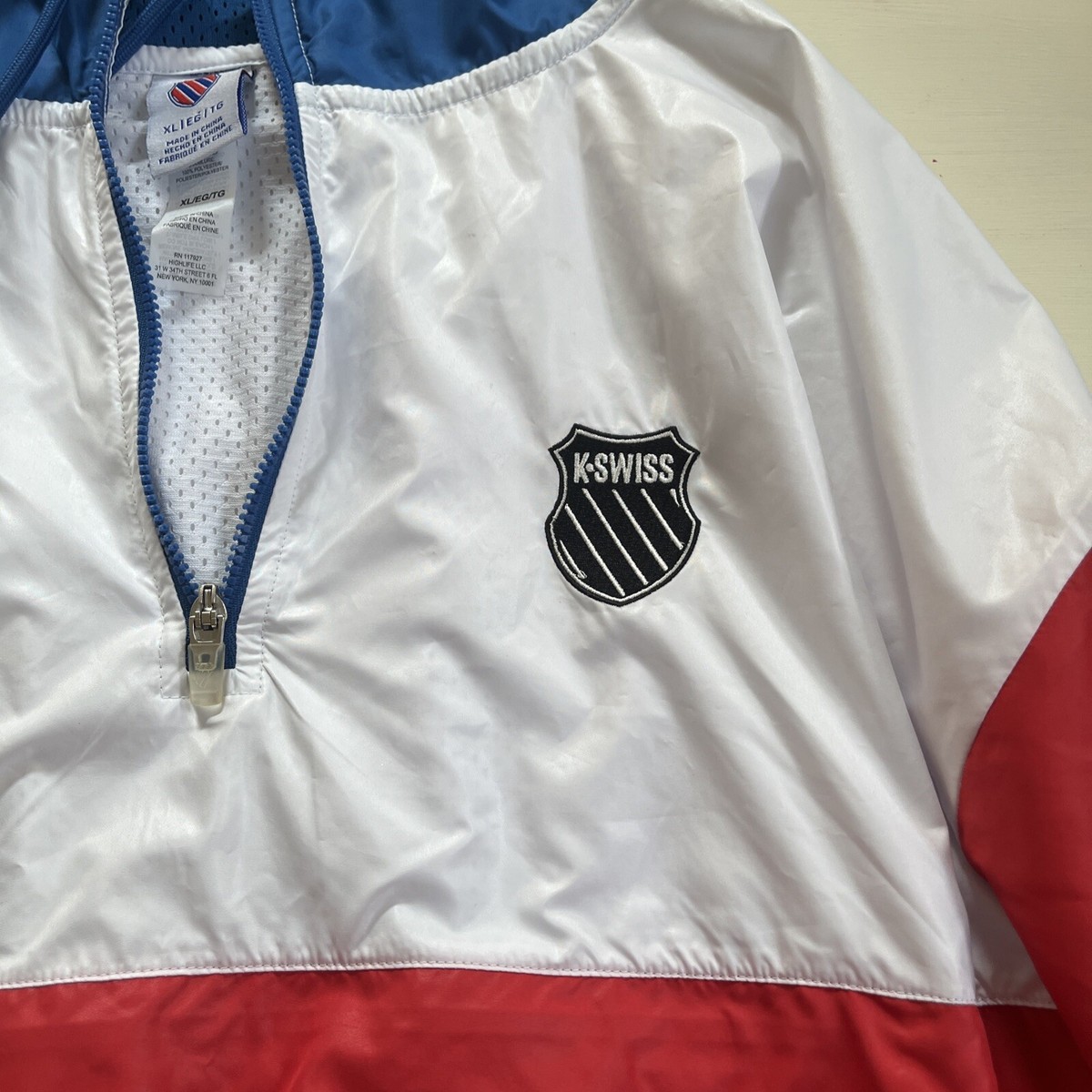 美品 スポーツ K-SWISS ストライプジャケット M ウィンドブレーカ K-Swiss Unisex XL Tennis Windbreaker Jacket Red White Blue Hooded