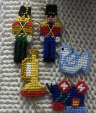 Vintage Lot Of 5 Plastic Canvas Needlepoint Christmas Ornament Decoration