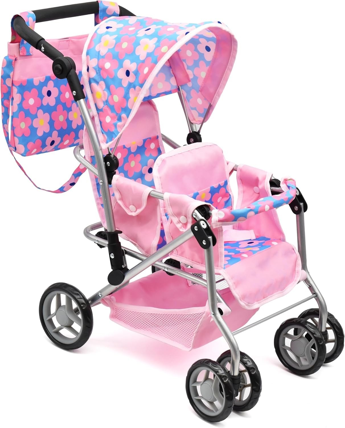 Baby Doll Double Stroller, Twin Buggy Carriage Pretend Play for Girls Kids Toddl
