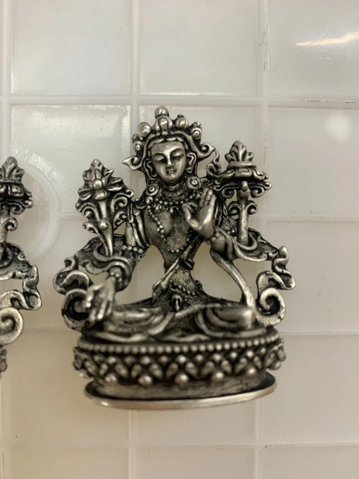 Чудесные тибетские серебряные статуэтки ручной работы *зеленая Тара Бодхисаттва* 2 шт. - Изображение 2 из 4