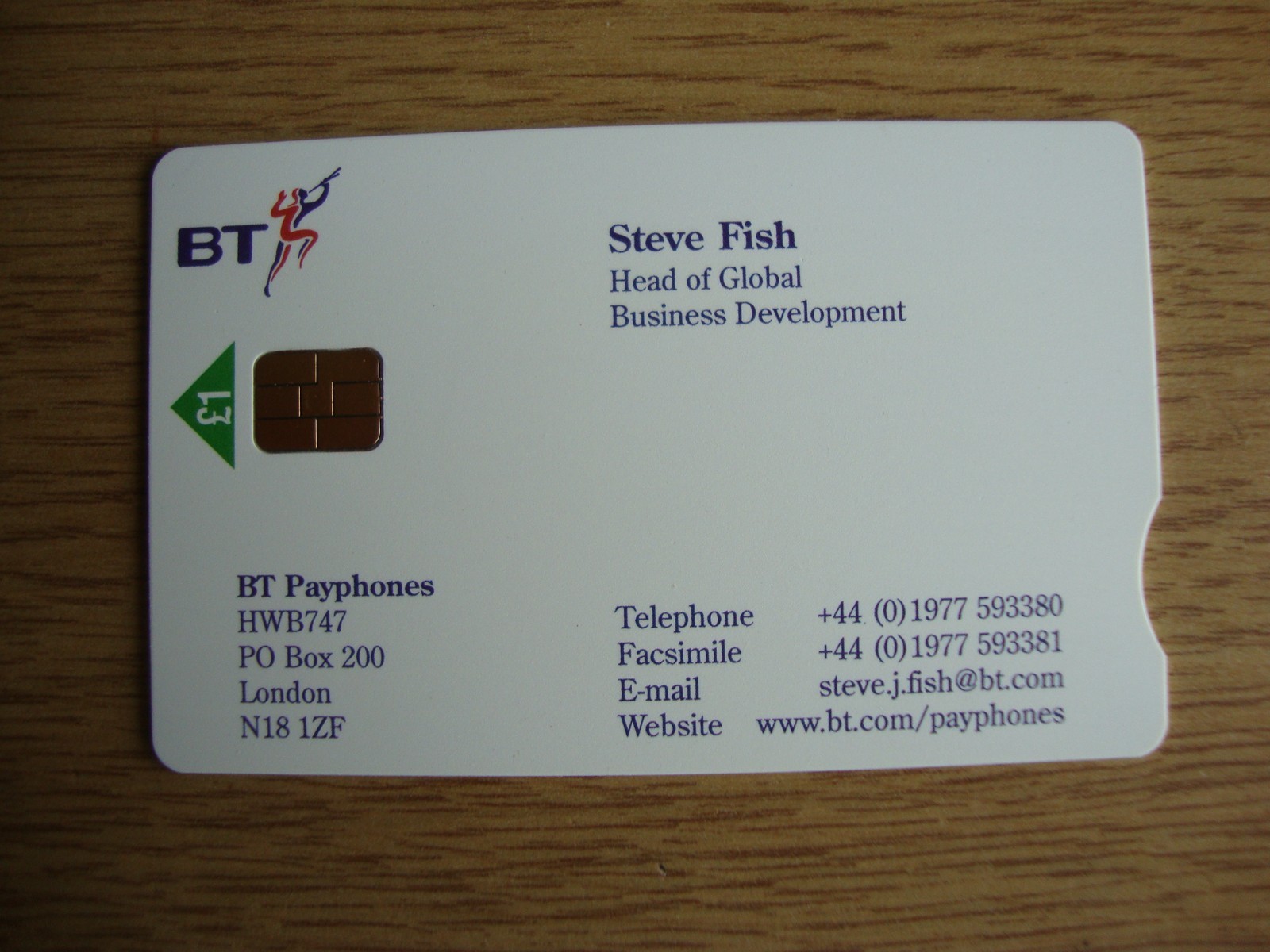 BT Staff Business/Visiting Card Phonecard - Steve Fish - VIS 135 - Mint & Unused