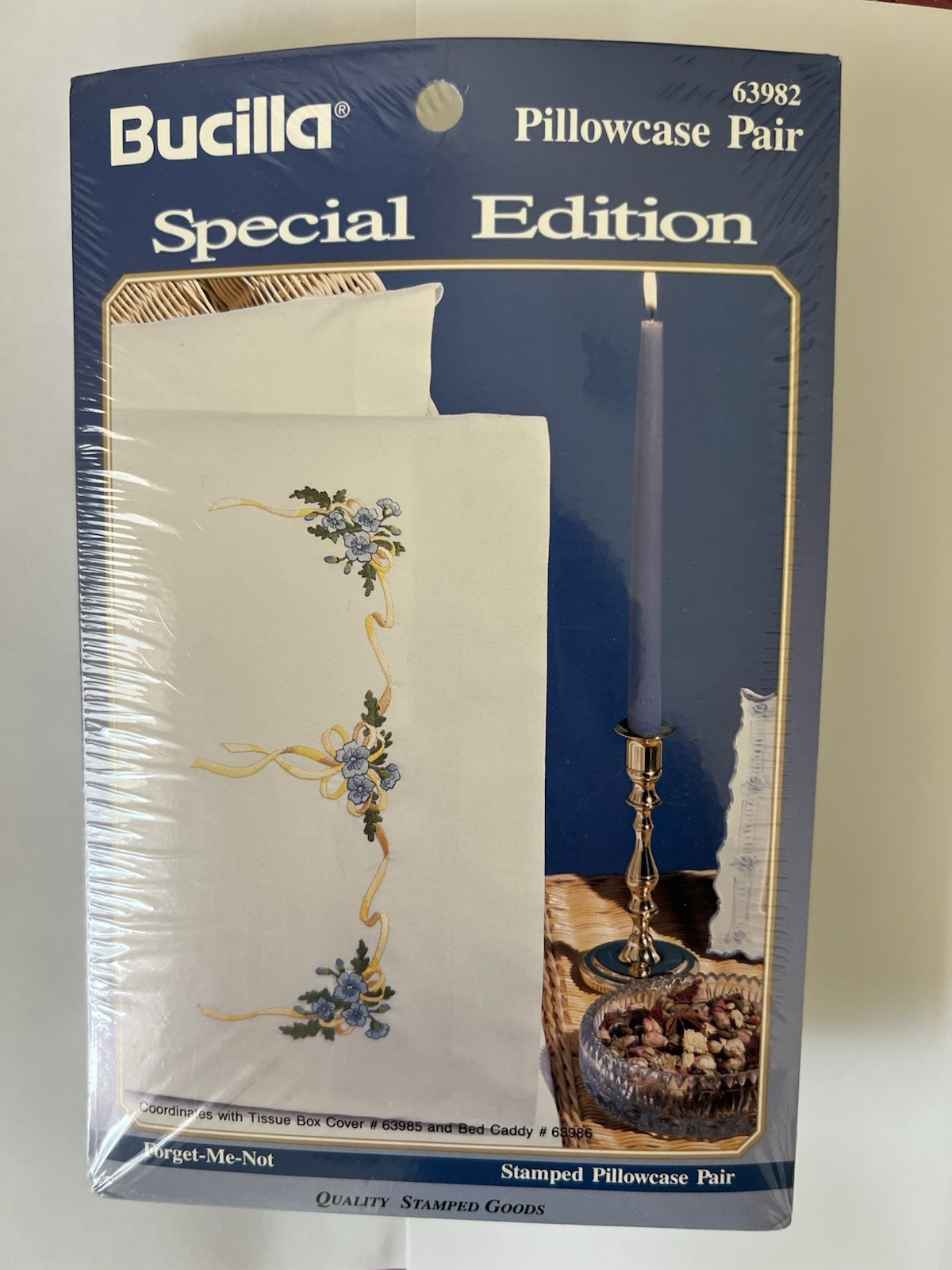 New in Package Bucilla Pillowcase Pair "Forget-Me-Nots" Spec
