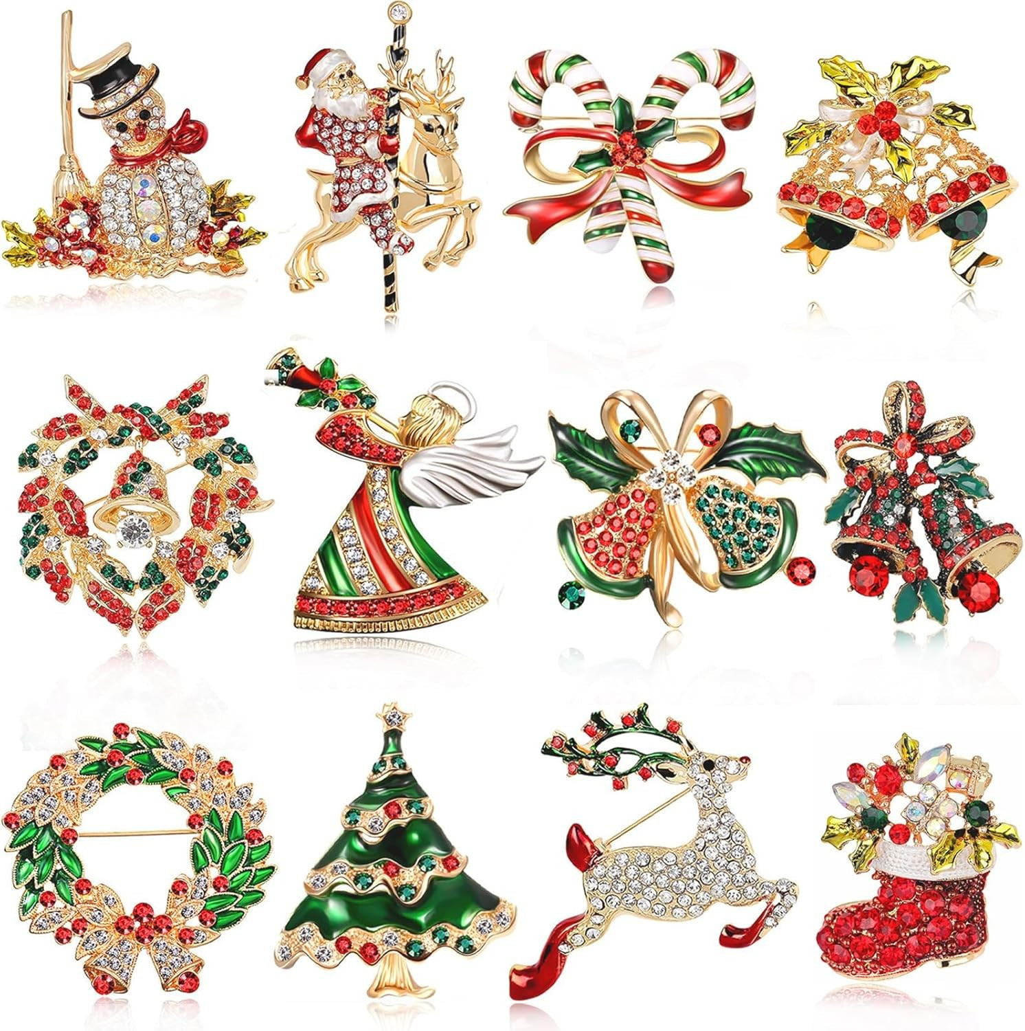 12 Pcs Christmas Brooch Pins Set for Women - Rhinestone Crystal Style-1