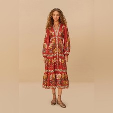 Farm Rio Red Garden Delight Long Sleeve Midi Dress S NWT