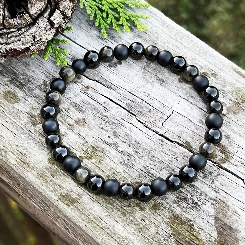 6mm Triple Protection Bracelet Black Tourmaline Gold Sheen Obsidian Black Onyx - Image 2 of 4