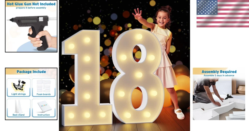 Duradero 3 pies amarillo iluminado número 18 para elegante tema de cumpleaños y aniversario Foto 2 de 4