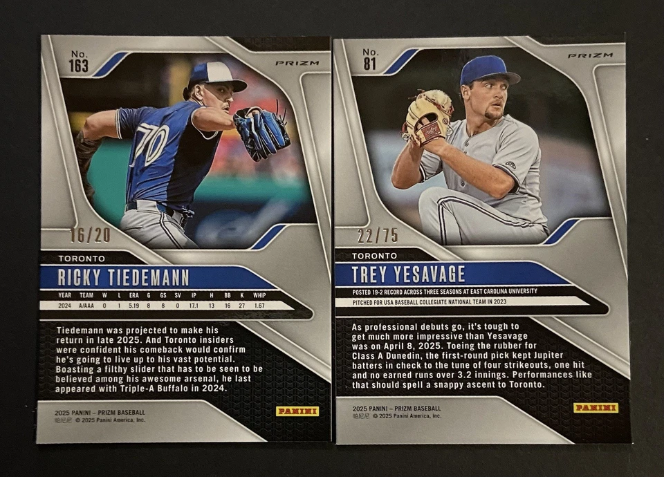 2025 Prizm Trey Yesavage Green Scope /75 Ricky Tiedemann Cherry Blossom SSP /20 - Image 2 of 2