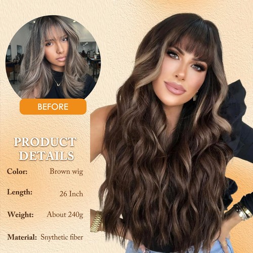 Brown Wavy Wig with Bangs,Long Brown Highlight Wig for Women,Heat Resistant S... - Picture 2 of 6