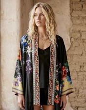 Johnny Was XL KIMONO Navy Blue Or Black REVERSIBLE Jacket Duster Embroidered