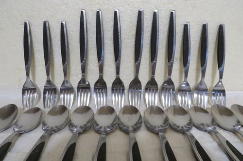 31 pc. Mar-Crest Ebony Stainless Japan Flatware Atomic 5-Star black handle Set! - Picture 7 of 11