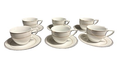 Porcelain Teacup & Saucer Set - White with Gold Stripe Band (Set of 6)