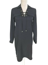 Calvin Klein Black Shift Mini Dress Long Sleeve Collared Tie Neck No Belt 