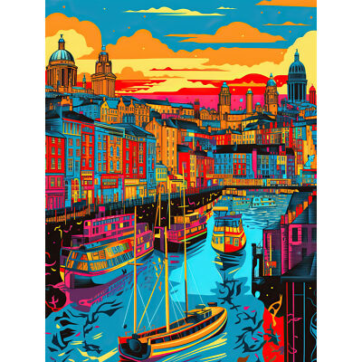 Lebendige Liverpool Stadt Uferpromenade Sonnenuntergang Stadtbild riesiger Wandkunstdruck 18 x 24 Zoll