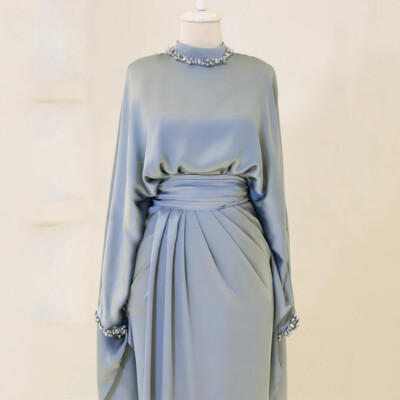 Women's Satin Sheath Evening Dresses Modest Clip-on Muslim Style Floor Length