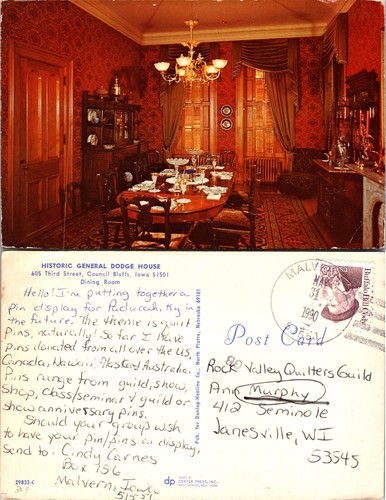 General Dodge House Dining Room Council Bluffs Iowa IA Postcard