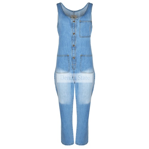 Womens Denim Jeans Dungarees LONG LENGTH Pinafore Dungaree Overall Jumpsuit - Picture 2 of 6