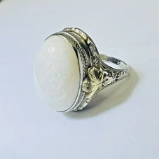 Art Deco 10K White Gold Large Oval Opal Ostby Barton Ring Band Size 5.5