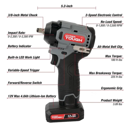 Hyper Tough 12V Max Cordless Brushless Impact Wrench with and Charger 225 ft - Picture 8 of 8