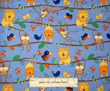 Animal Monkey Lion Tree Fabric Michael Miller Hanging Around  Blue Cotton Yard