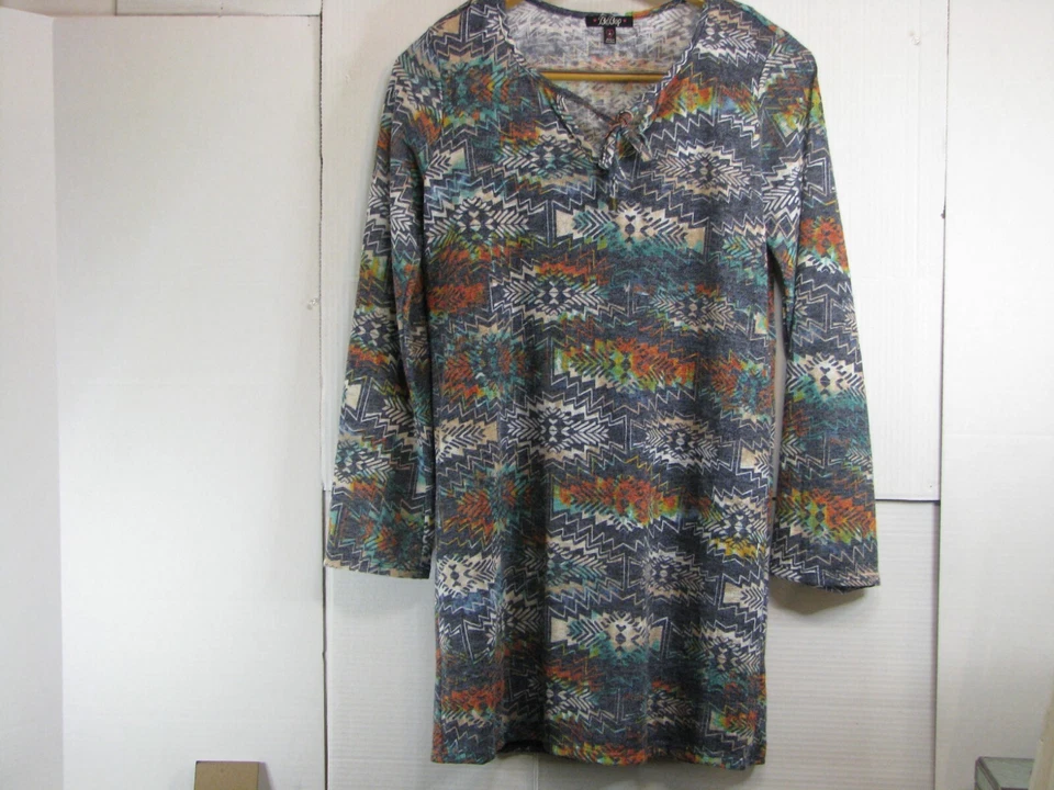 Bebop Blue Southwestern Print Knit Dress Lined Size M Long Sleeve Tassel - Image 2 of 4