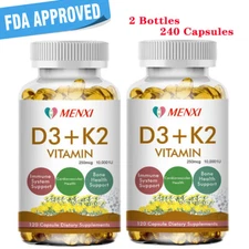 240 Vitamin D3+K2(MK-7)Capsules 250mcg For Immune&Bone Health 10,000IU 2 Bottles